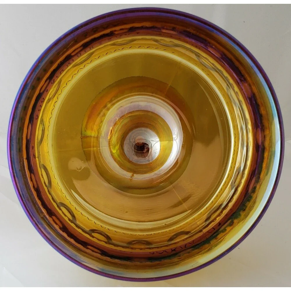 Vintage Amber Carnival Glass King Crown Iridescent Thumbprint Compote Candy Dish